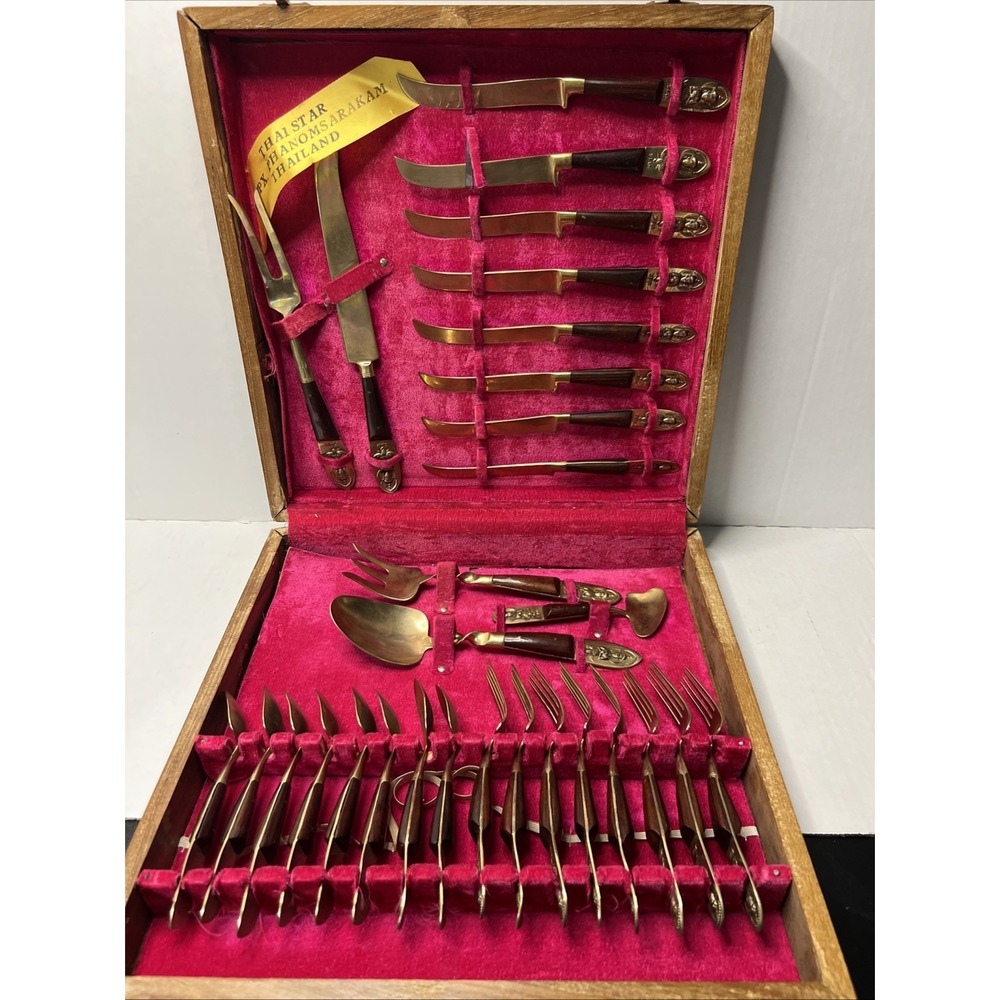 Siam/Thailand Flatware Vintage 29 Pieces Bronze/Brass with Wood Handles, Case.